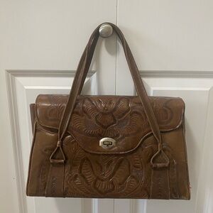 Elegant vintage tooled Brown Leather Handbag